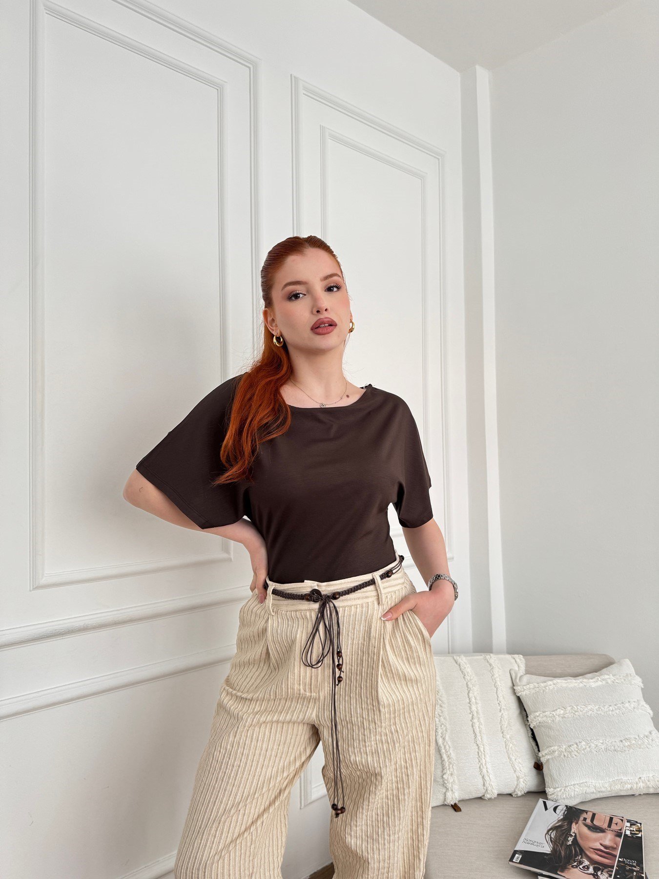 Yarasa Kol Kayık Yaka Basic Bluz Acı kahve