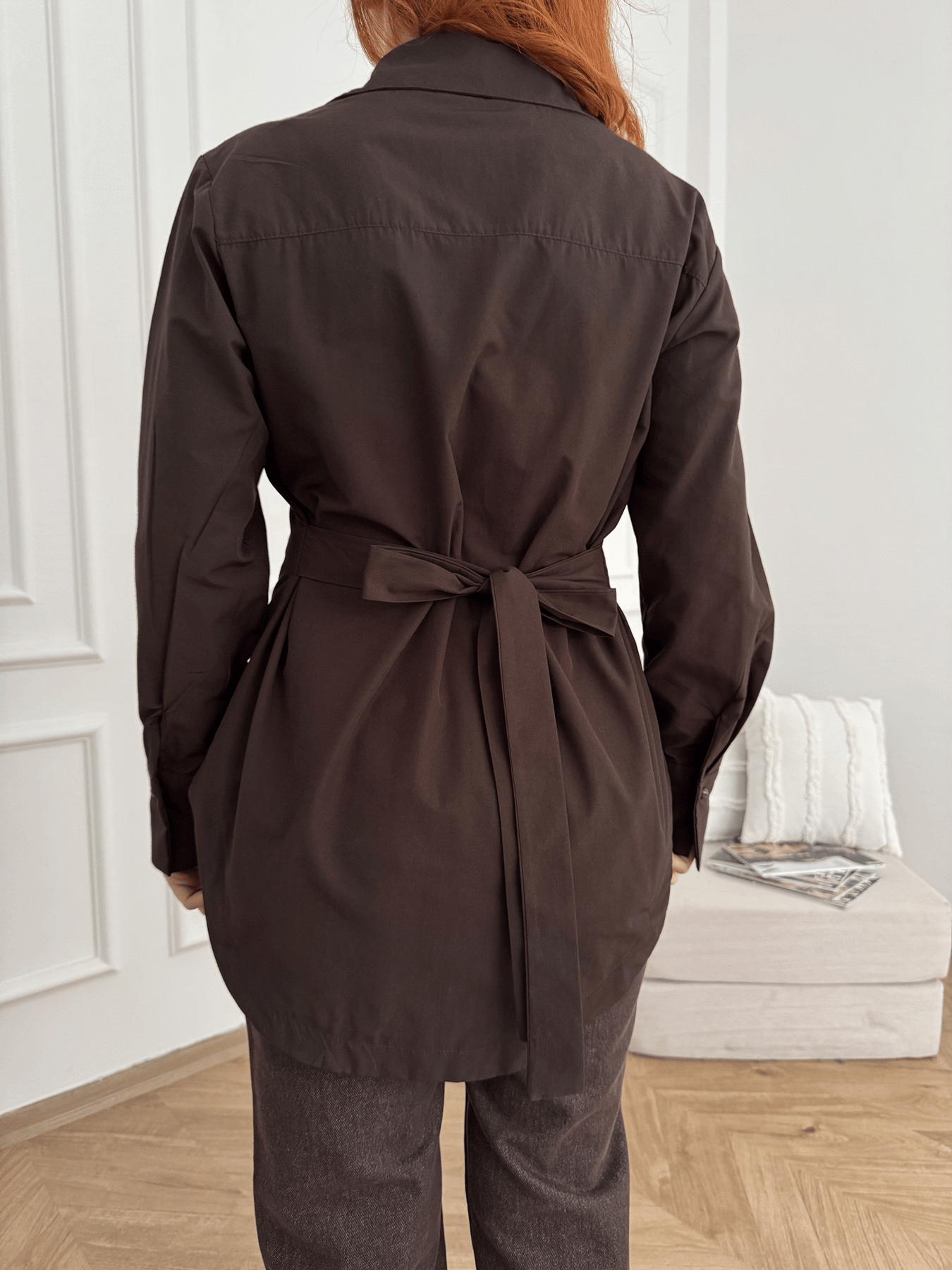 Yarım Düğmeli Oversize Poplin Gömlek Kahve