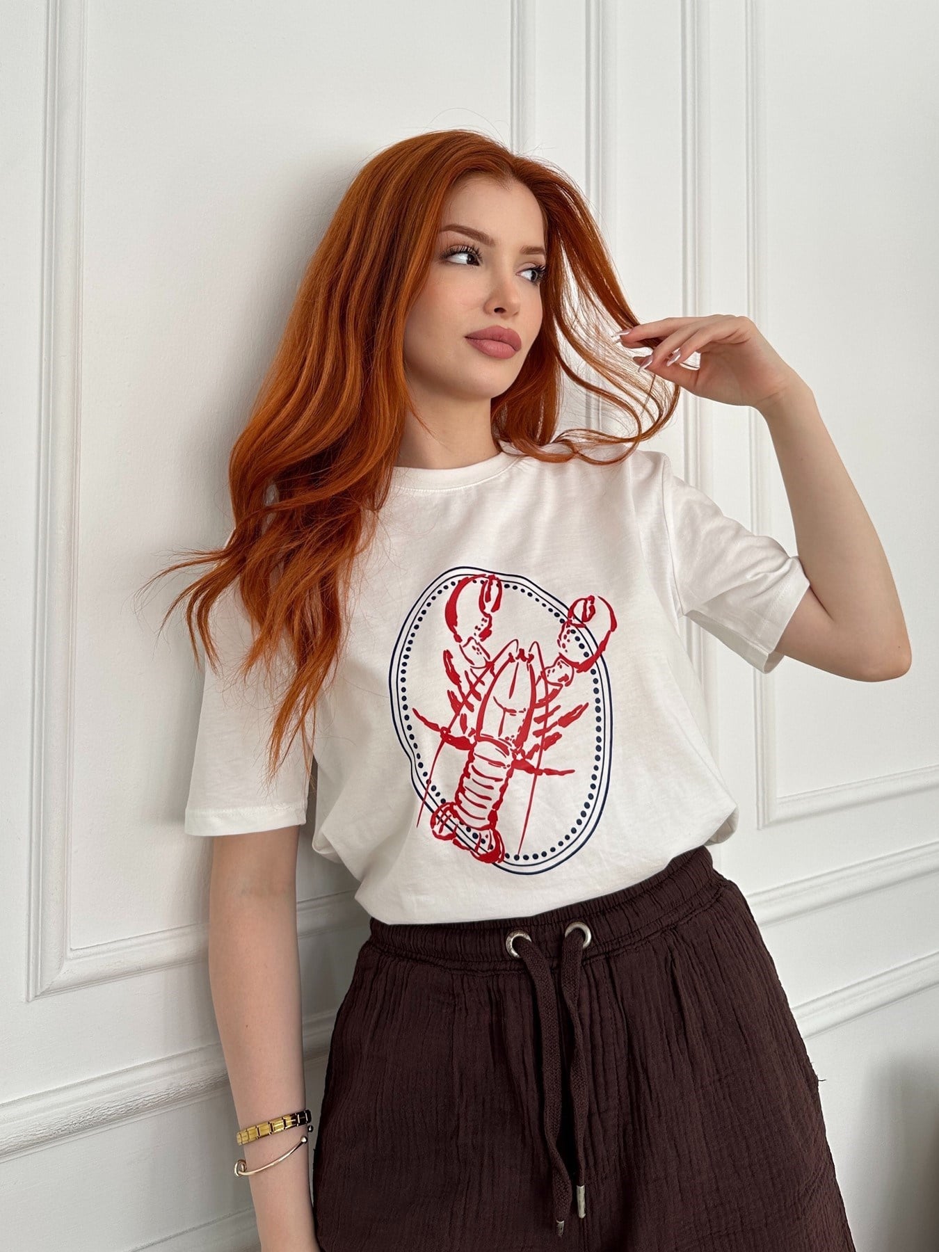 Yengeç Baskılı T-shirt Ekru