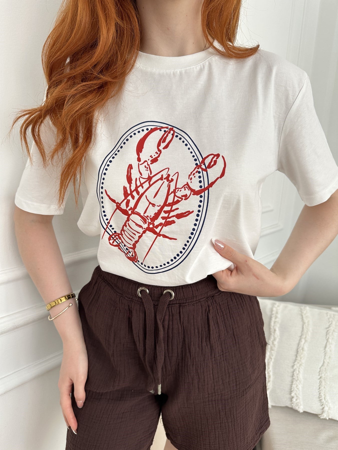 Yengeç Baskılı T-shirt Ekru
