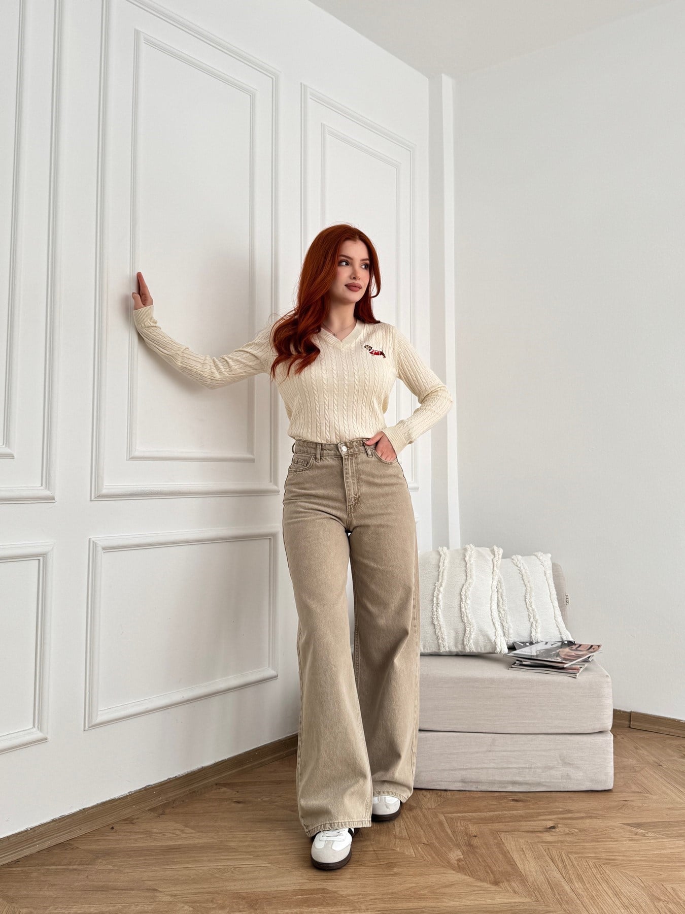 Yıkamalı Palazzo Jean Pantolon Açık haki