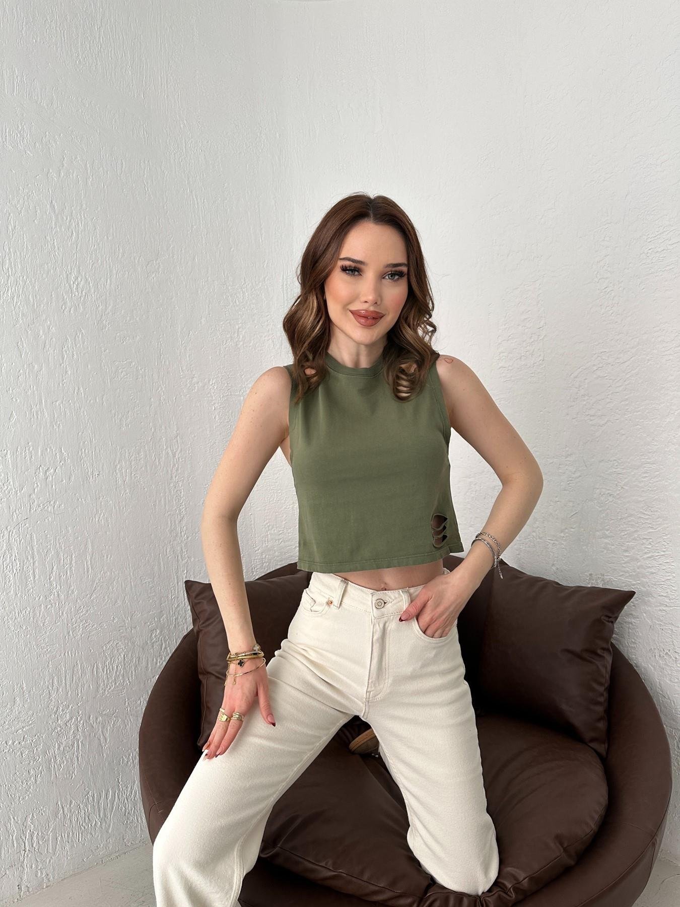 Yırtık Detay Bluz Haki