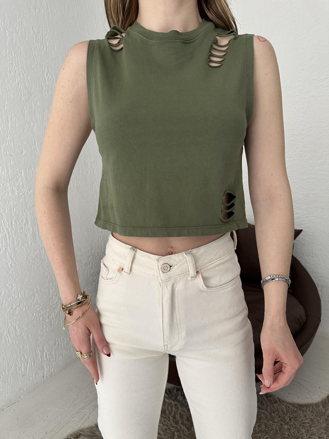 Yırtık Detay Bluz Haki