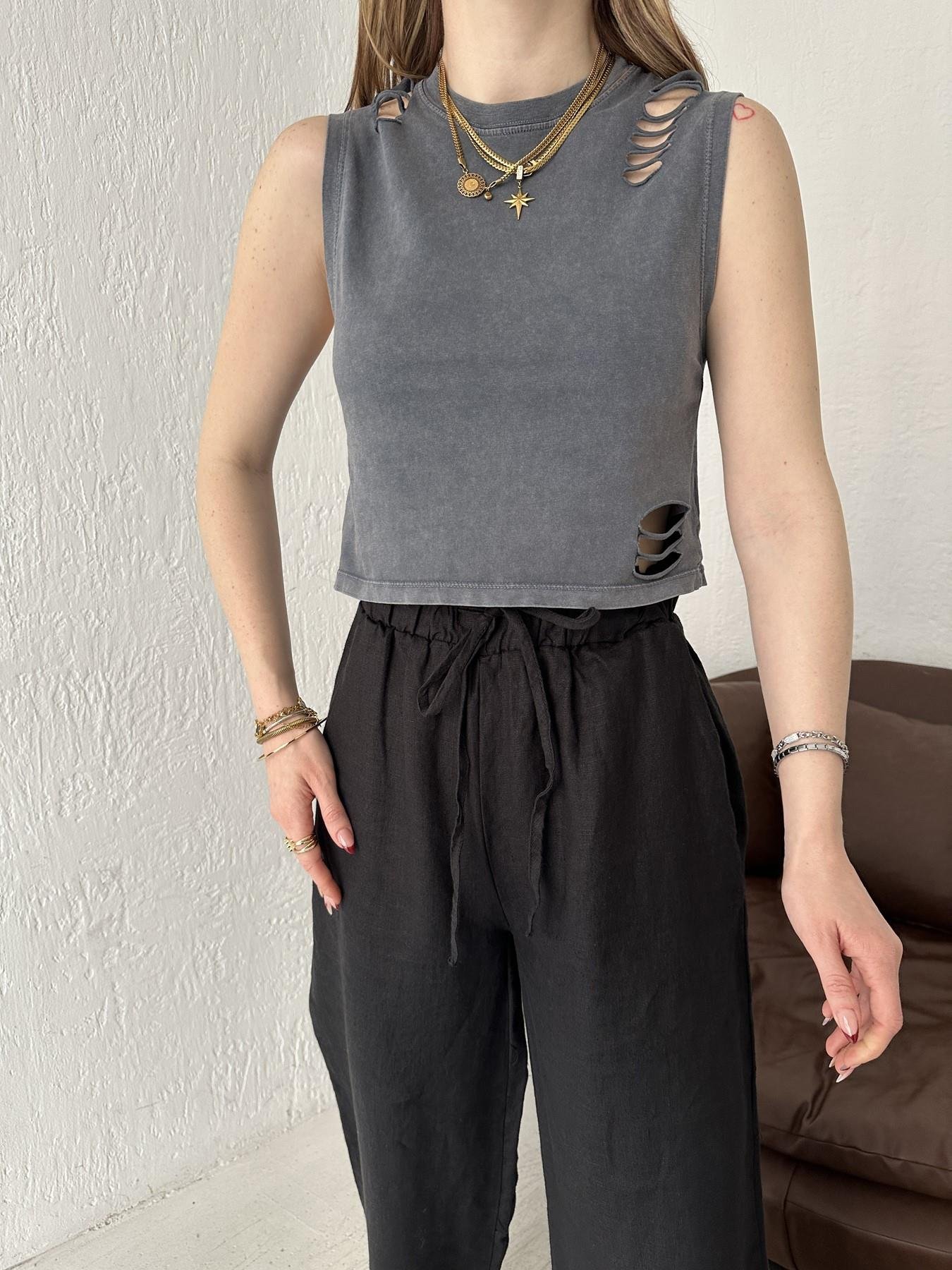 Yırtık Detay Bluz Koyu gri