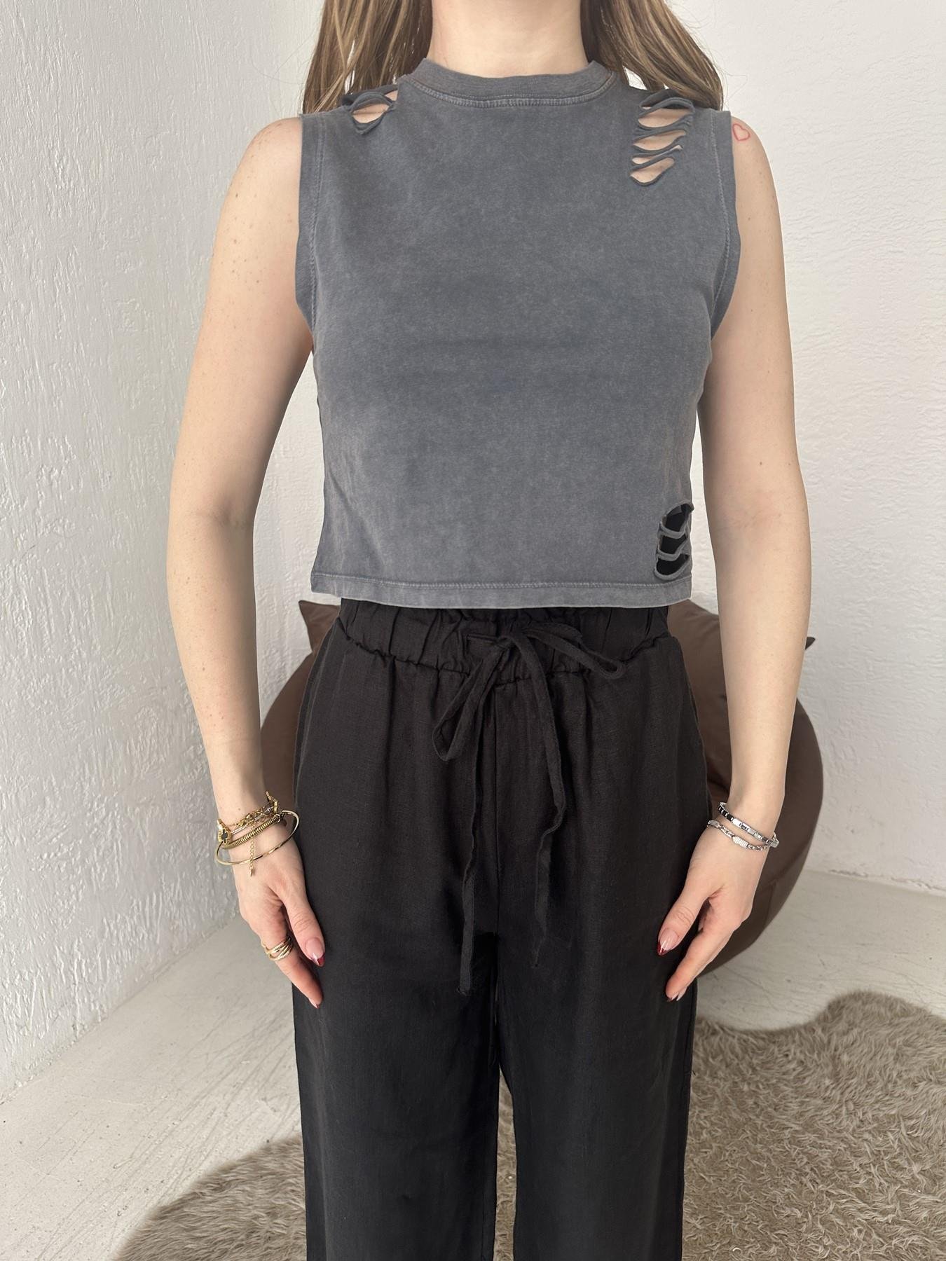 Yırtık Detay Bluz Koyu gri