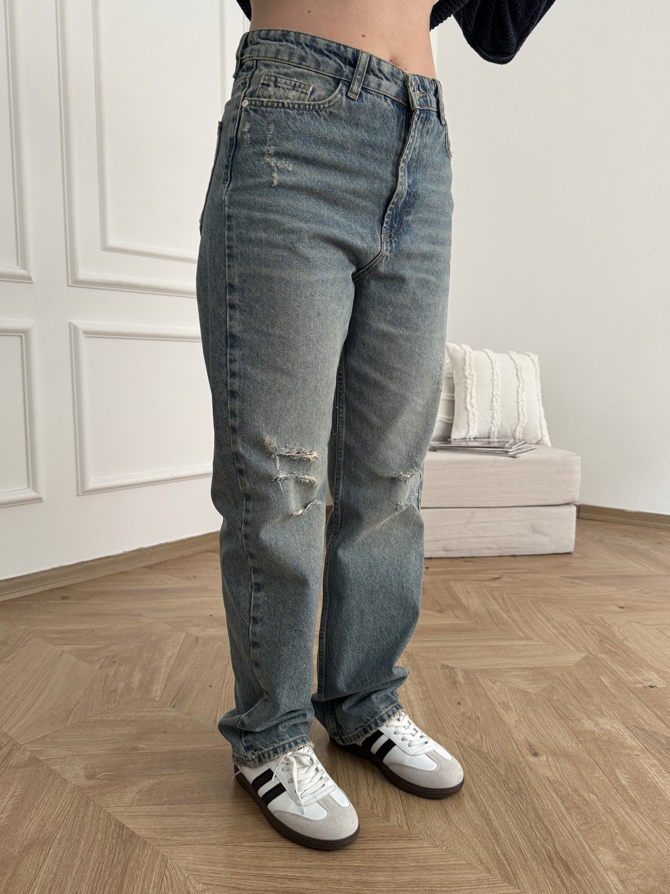 Yırtık Detay Wide Leg Jean Mavi