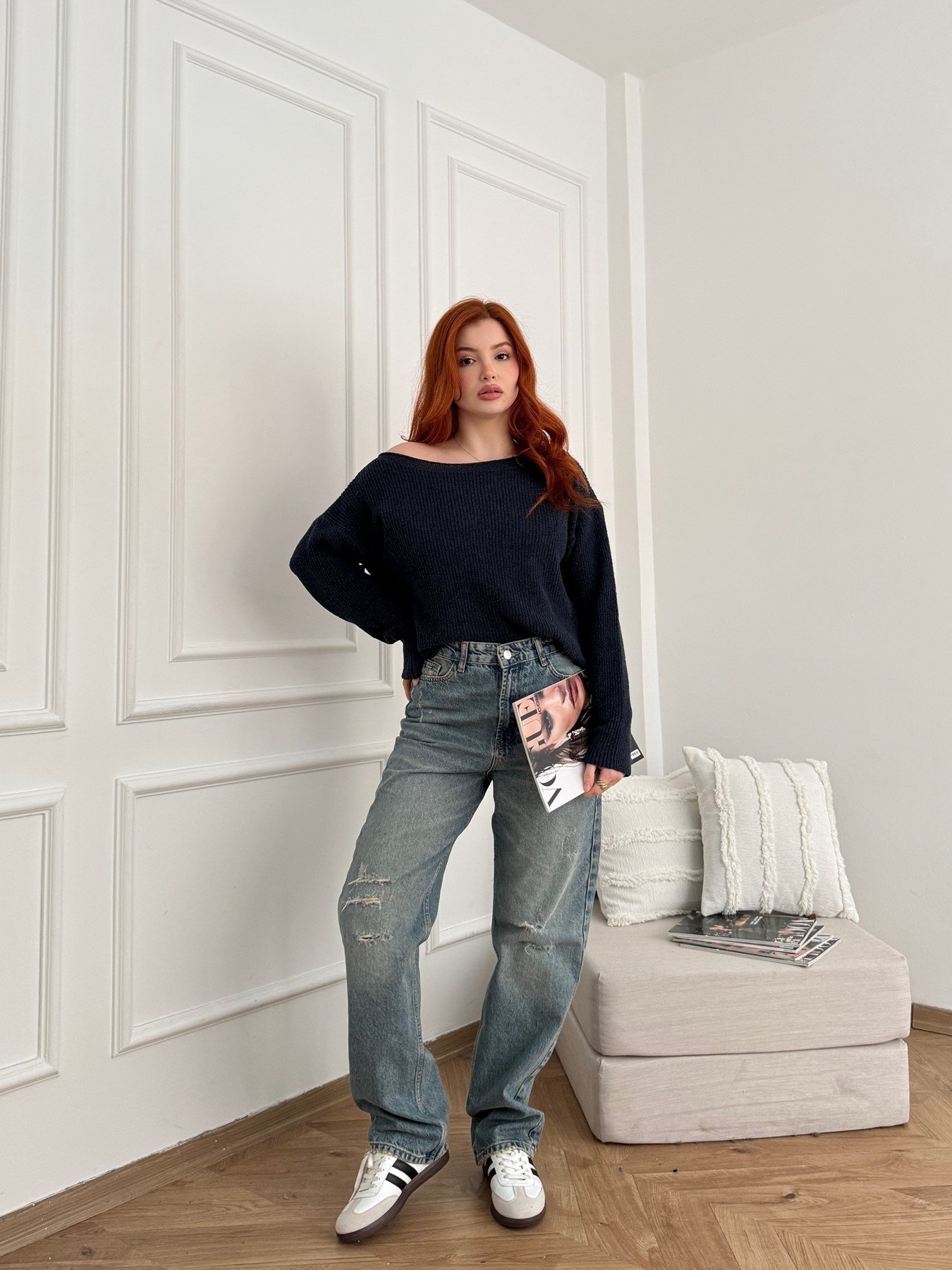 Yırtık Detay Wide Leg Jean Mavi