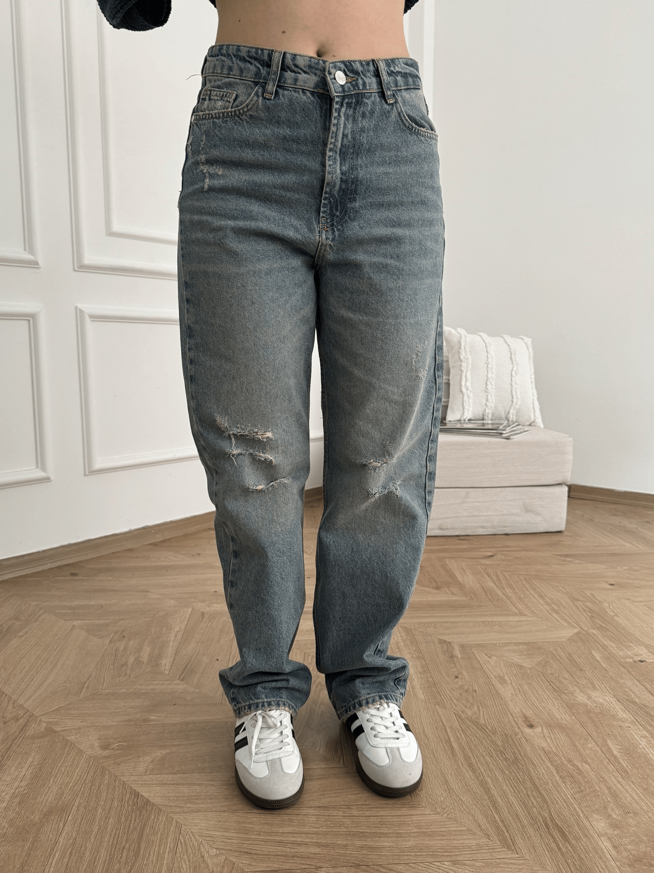 Yırtık Detay Wide Leg Jean Mavi