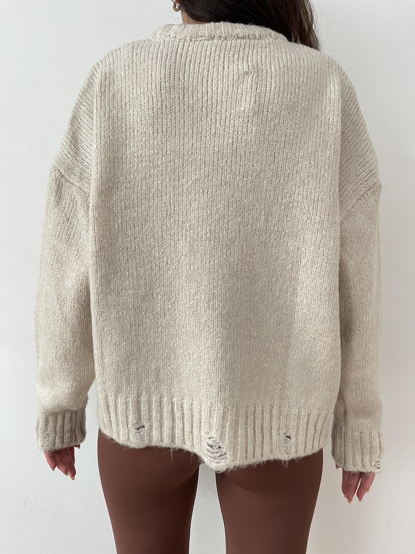 Yırtık Detaylı Triko Kazak TAŞ