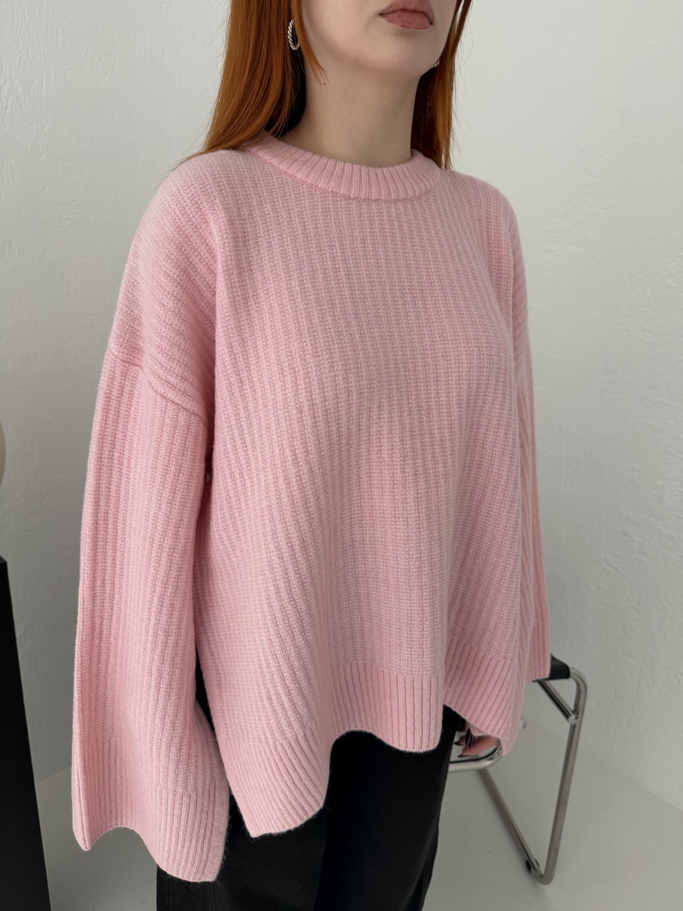 Yırtmaç Detay Oversize Triko Pembe