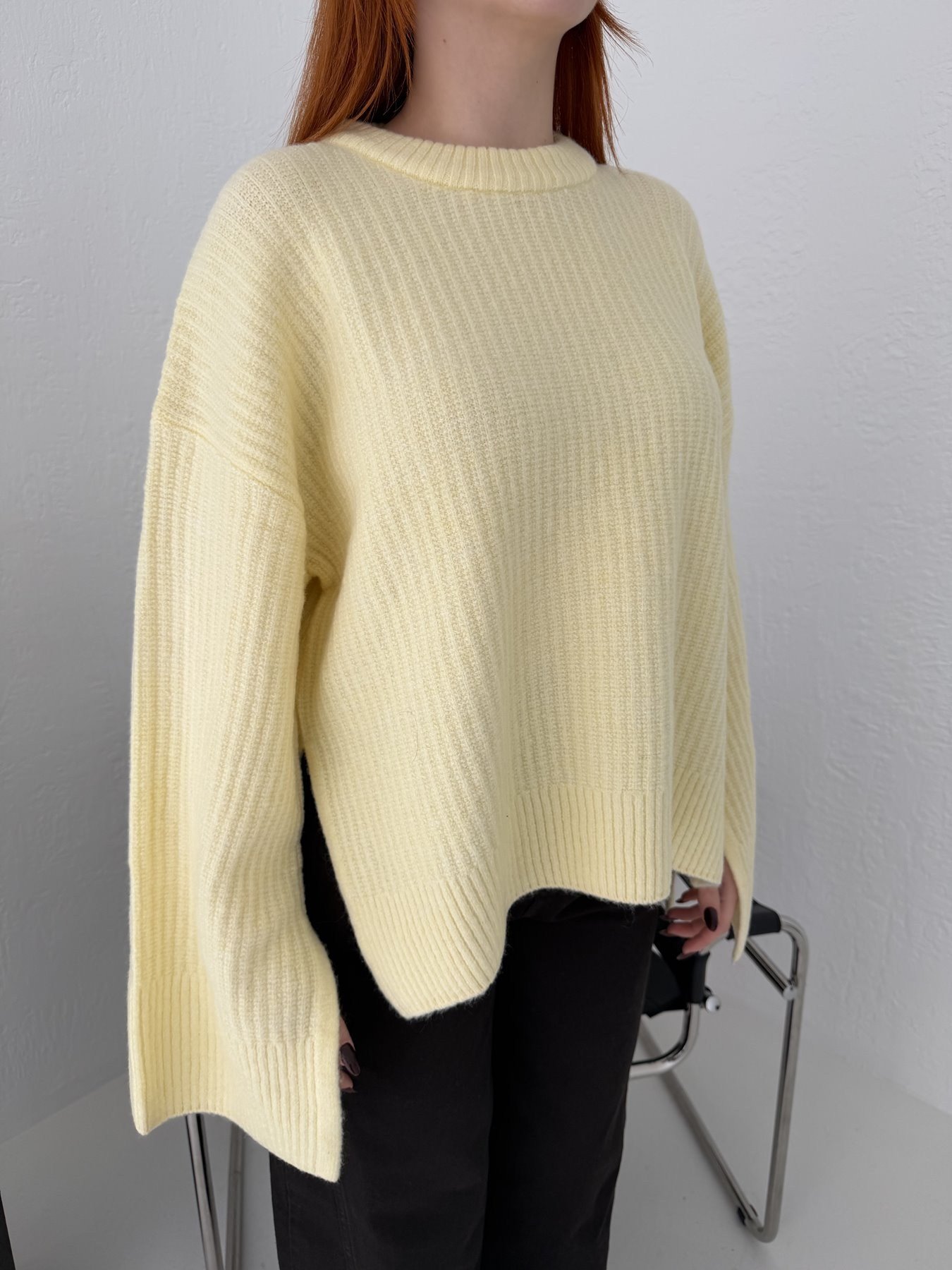 Yırtmaç Detay Oversize Triko Sarı