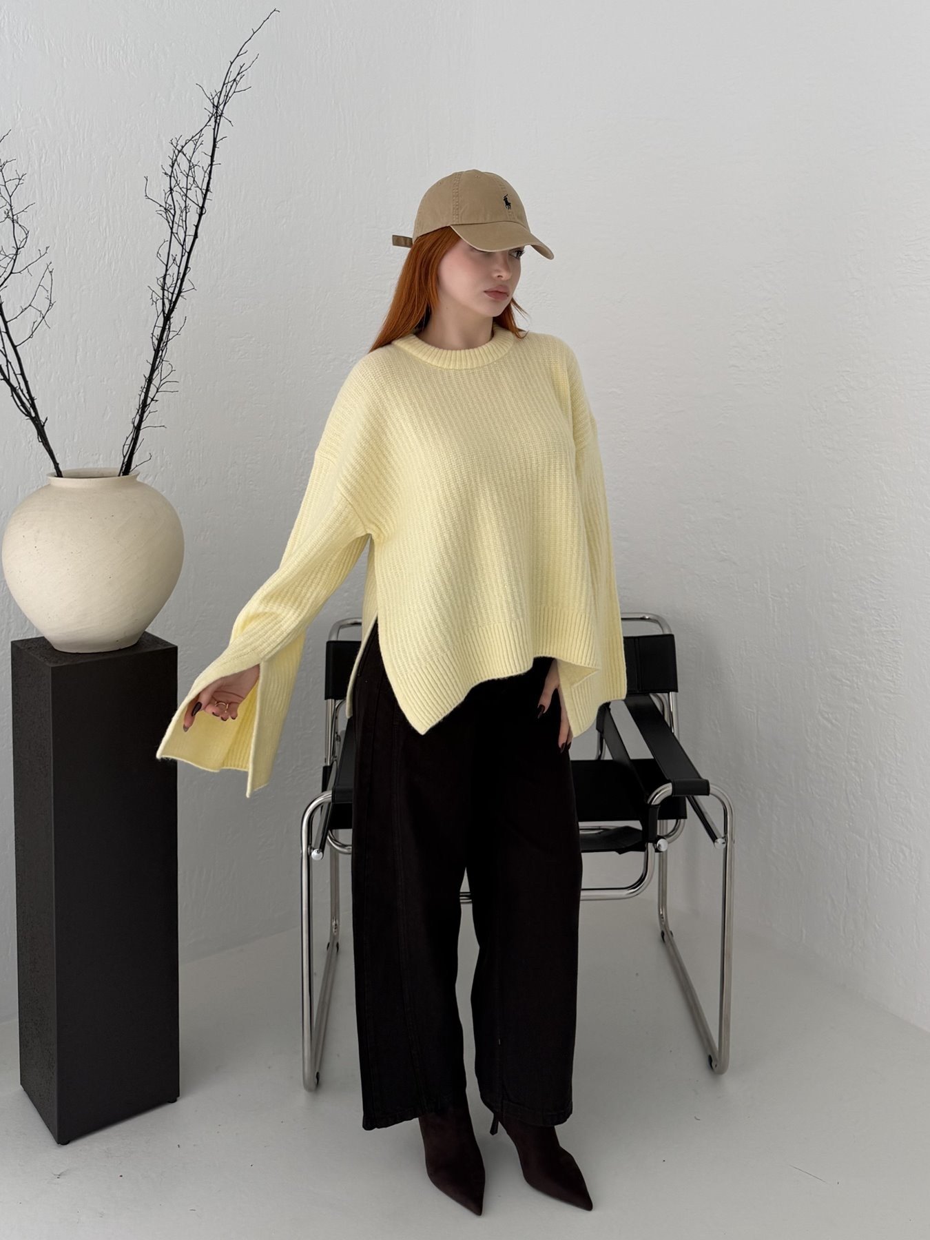 Yırtmaç Detay Oversize Triko Sarı