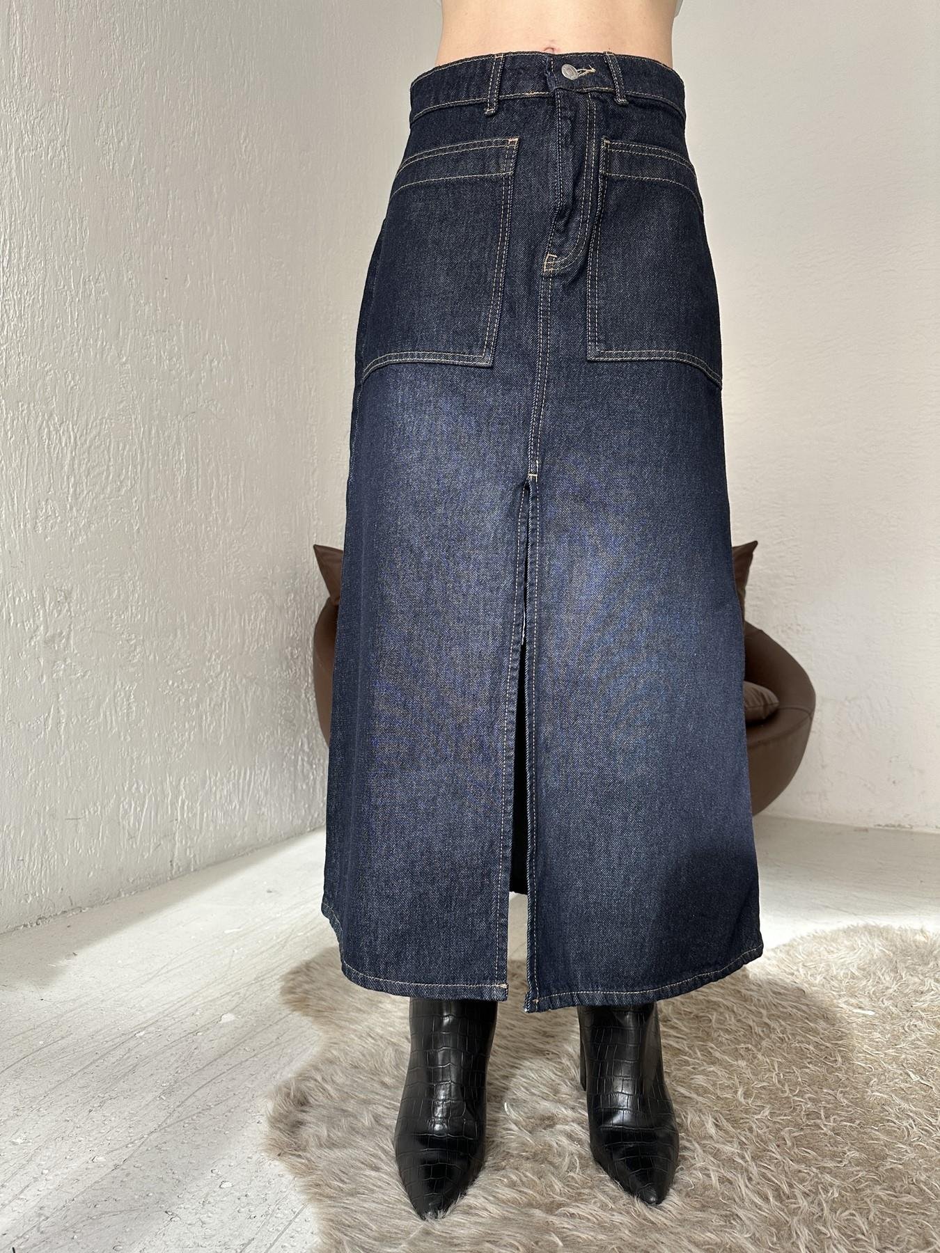 Yırtmaçlı Jean Etek LACİVERT