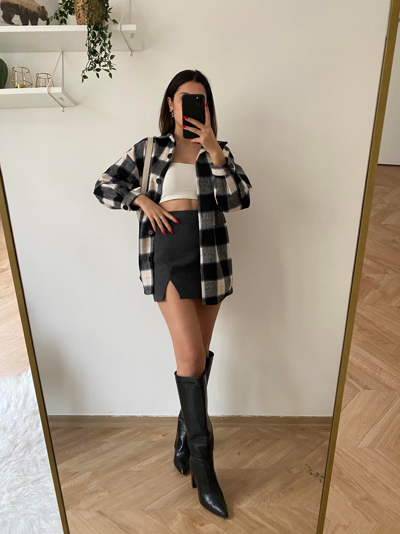 Yırtmaçlı Mini Kaşe Etek Antrasit