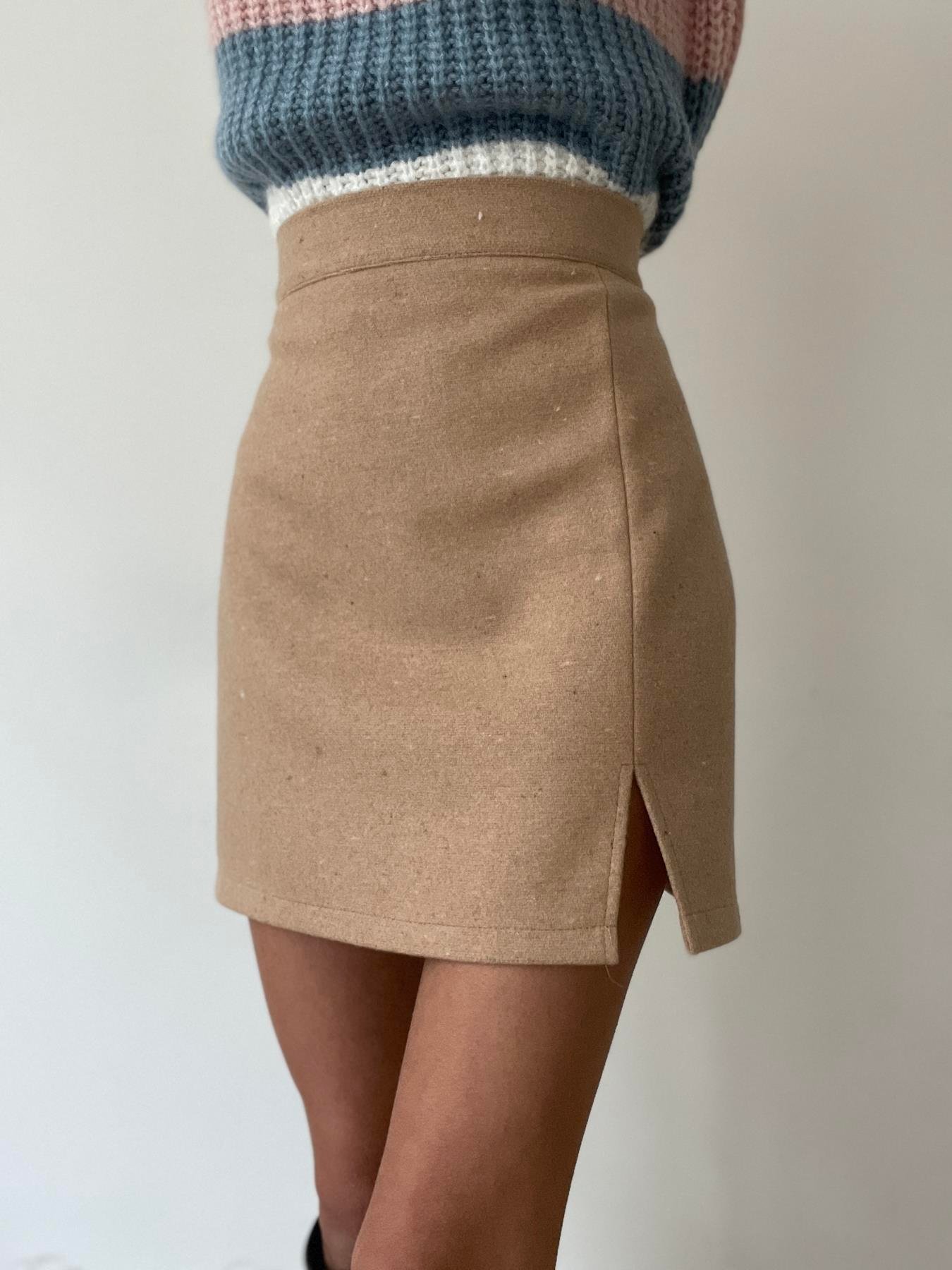 Yırtmaçlı Mini Kaşe Etek CAMEL