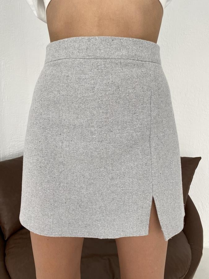 Yırtmaçlı Mini Kaşe Etek GRİ