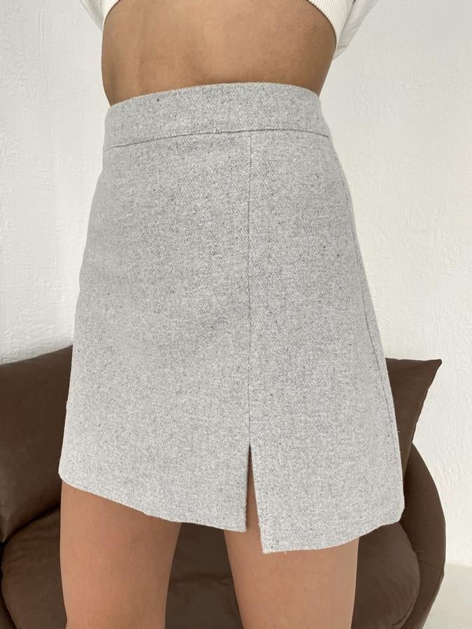 Yırtmaçlı Mini Kaşe Etek GRİ