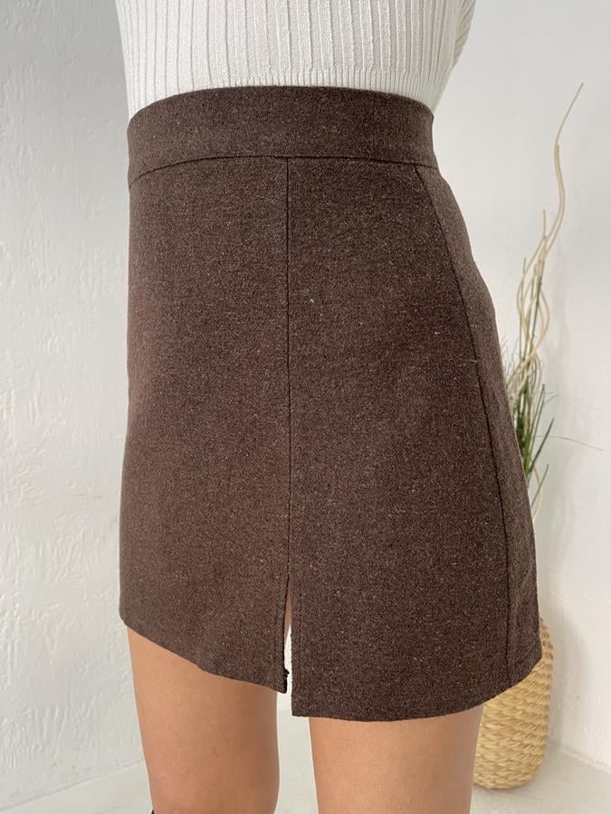 Yırtmaçlı Mini Kaşe Etek KAHVE