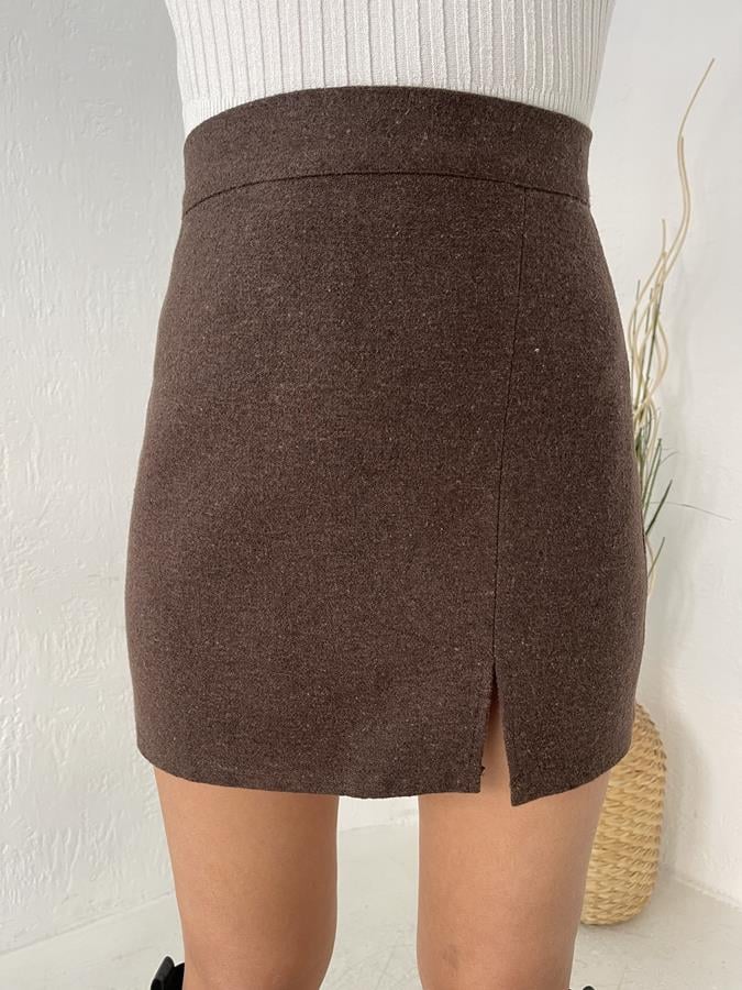 Yırtmaçlı Mini Kaşe Etek KAHVE