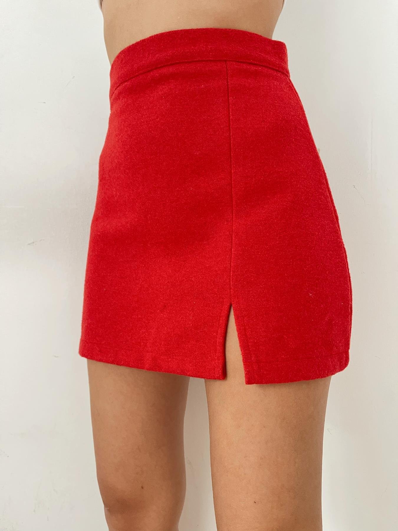 Yırtmaçlı Mini Kaşe Etek KIRMIZI