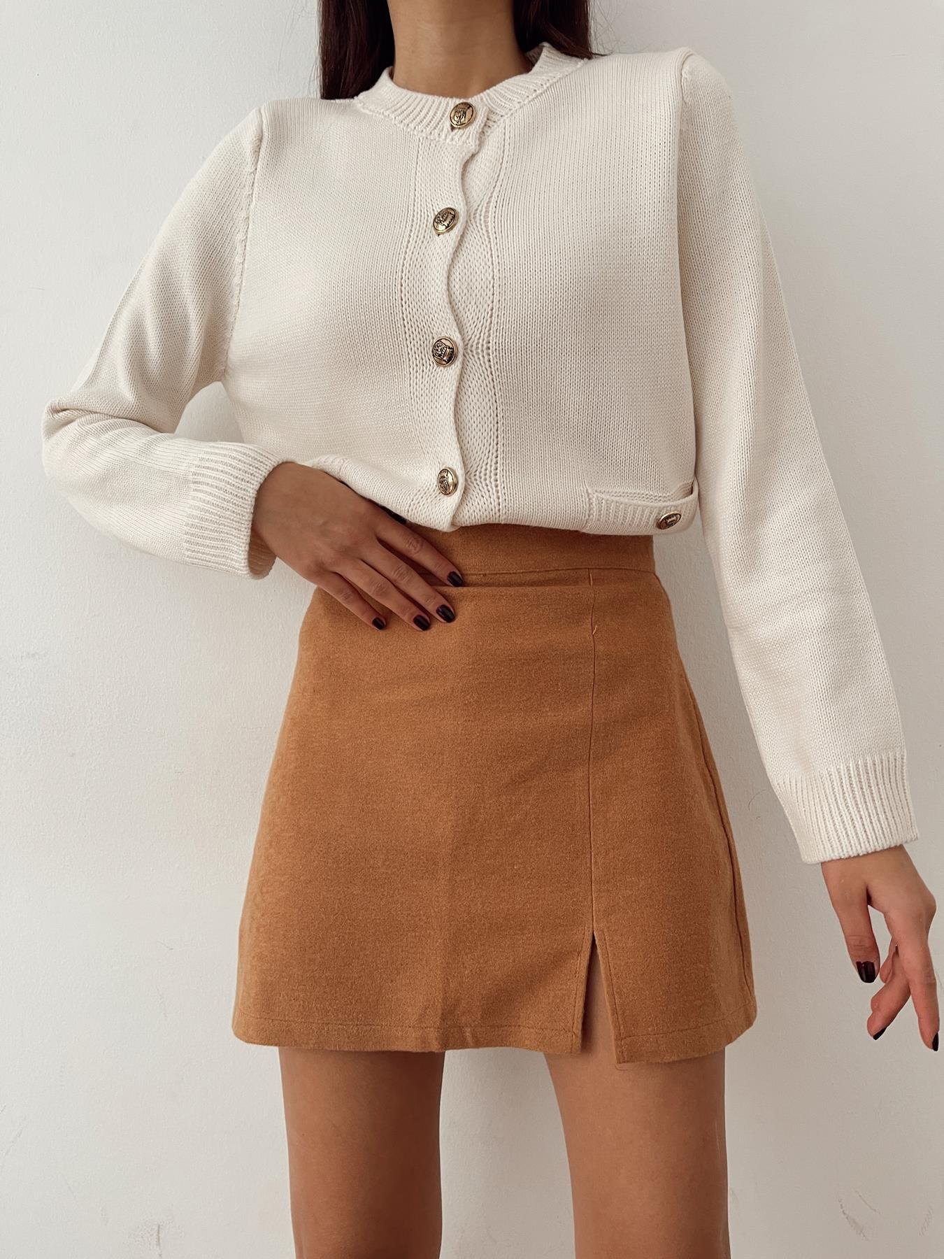 Yırtmaçlı Mini Kaşe Etek TARÇIN