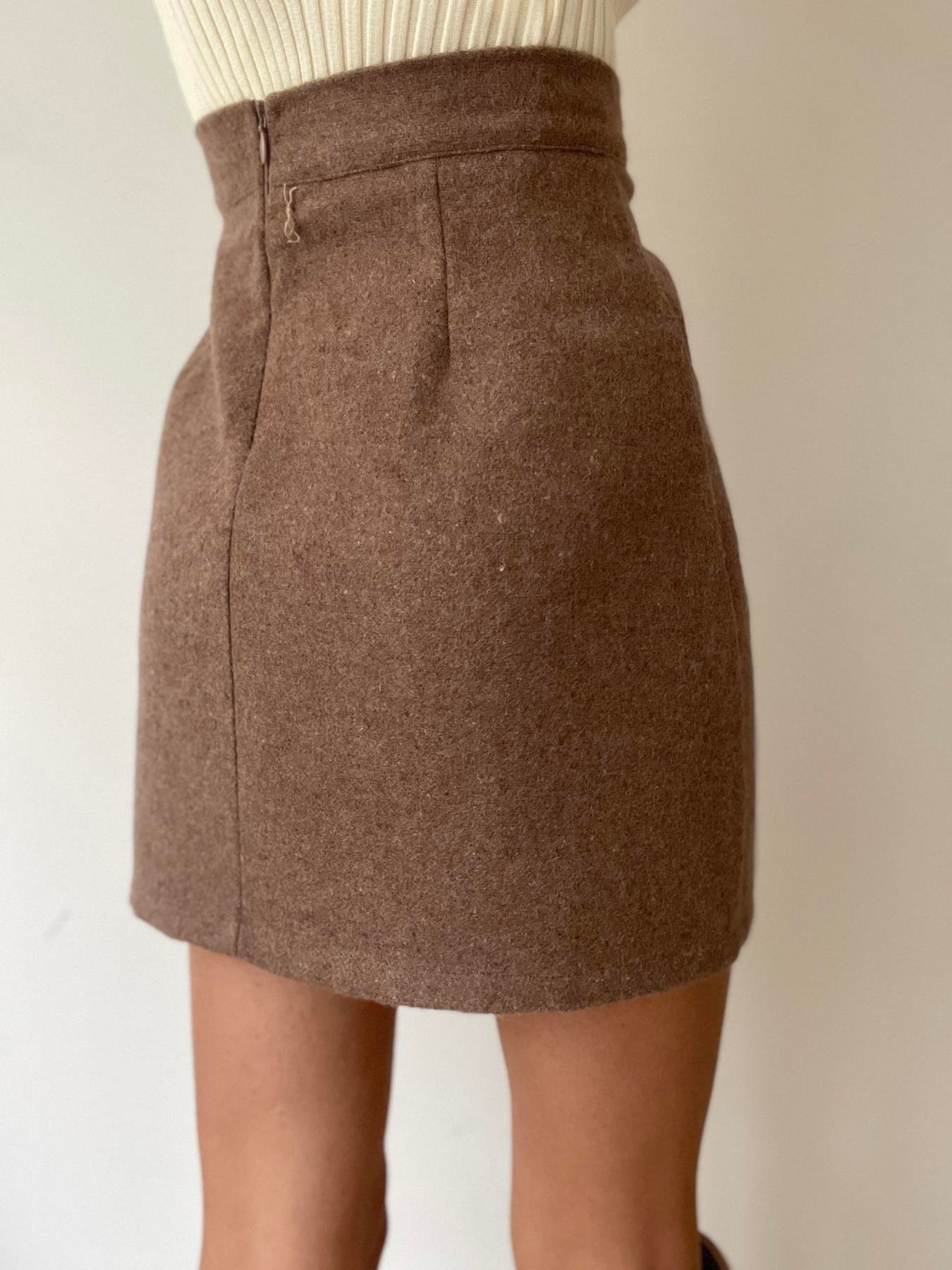 Yırtmaçlı Mini Kaşe Etek VİZON