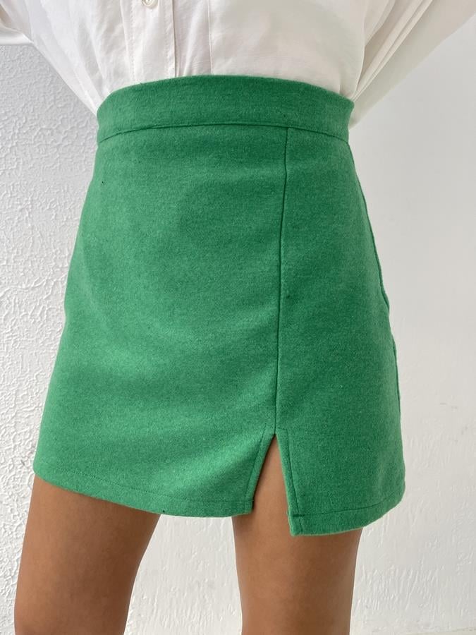 Yırtmaçlı Mini Kaşe Etek YEŞİL