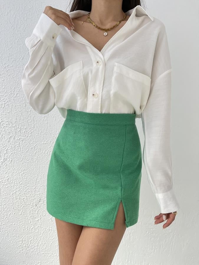 Yırtmaçlı Mini Kaşe Etek YEŞİL