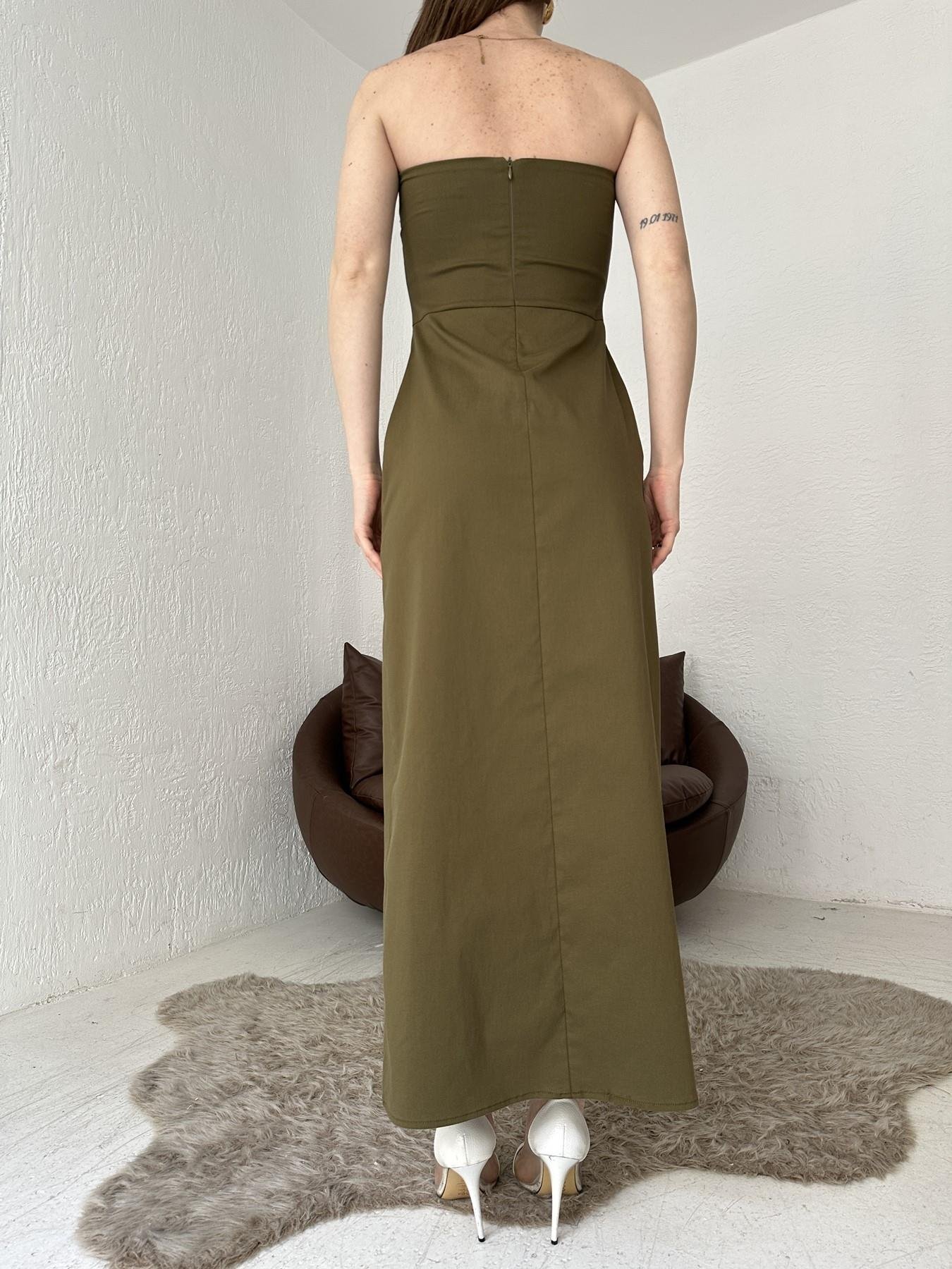 Yırtmaçlı Straplez Elbise HAKİ