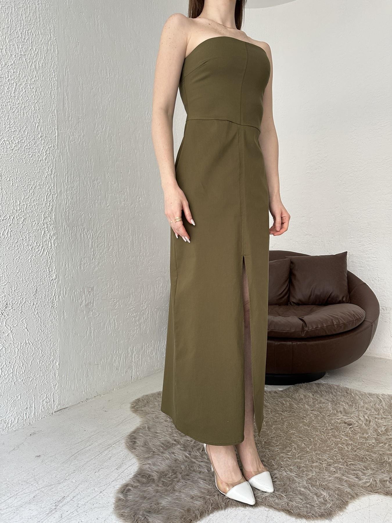 Yırtmaçlı Straplez Elbise HAKİ