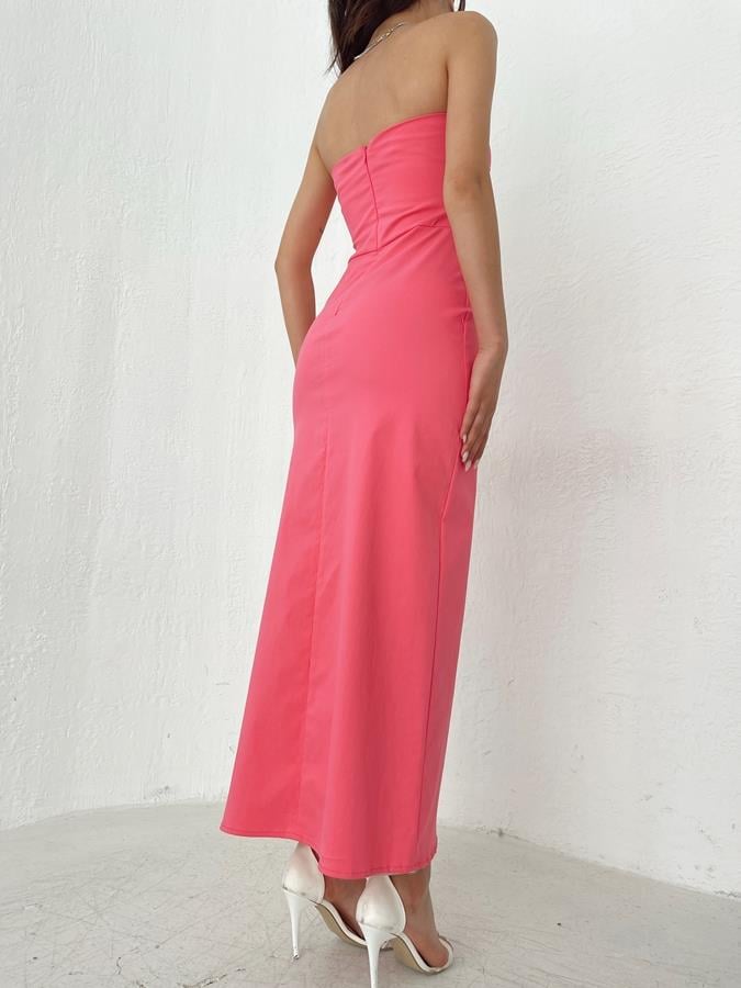 Yırtmaçlı Straplez Elbise PEMBE