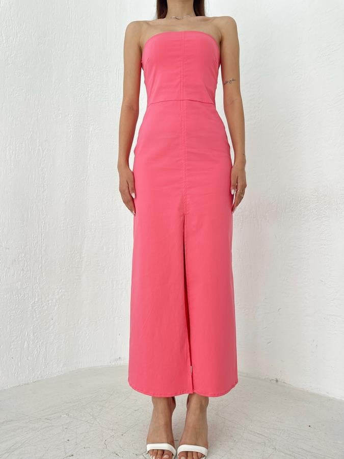 Yırtmaçlı Straplez Elbise PEMBE