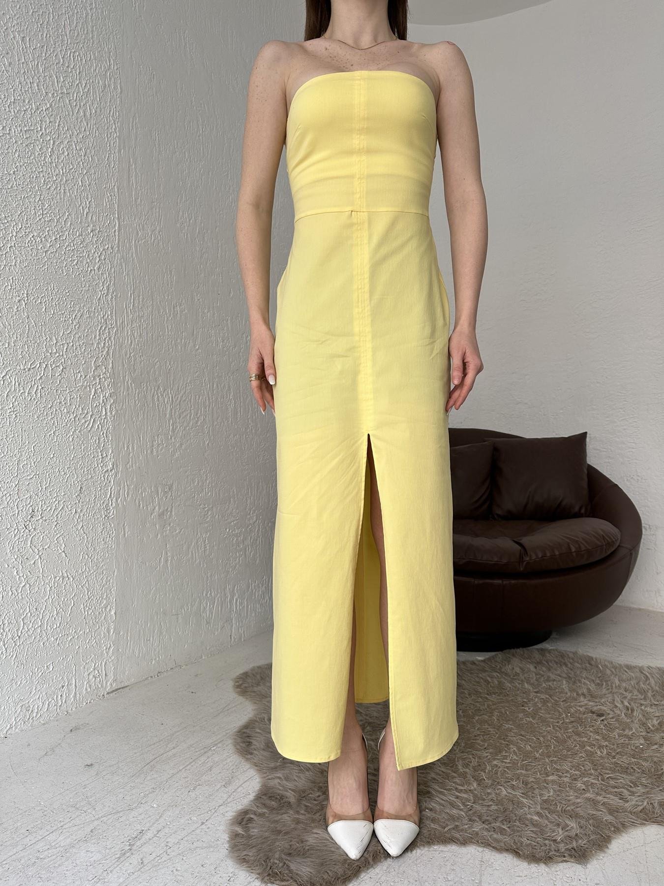 Yırtmaçlı Straplez Elbise SARI