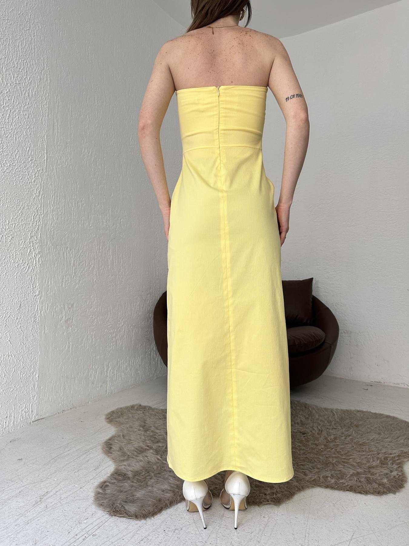 Yırtmaçlı Straplez Elbise SARI