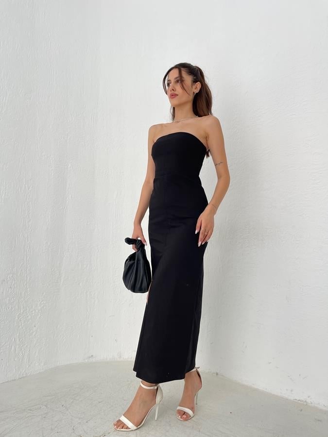 Yırtmaçlı Straplez Elbise SİYAH