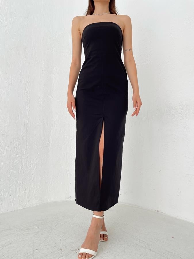 Yırtmaçlı Straplez Elbise SİYAH