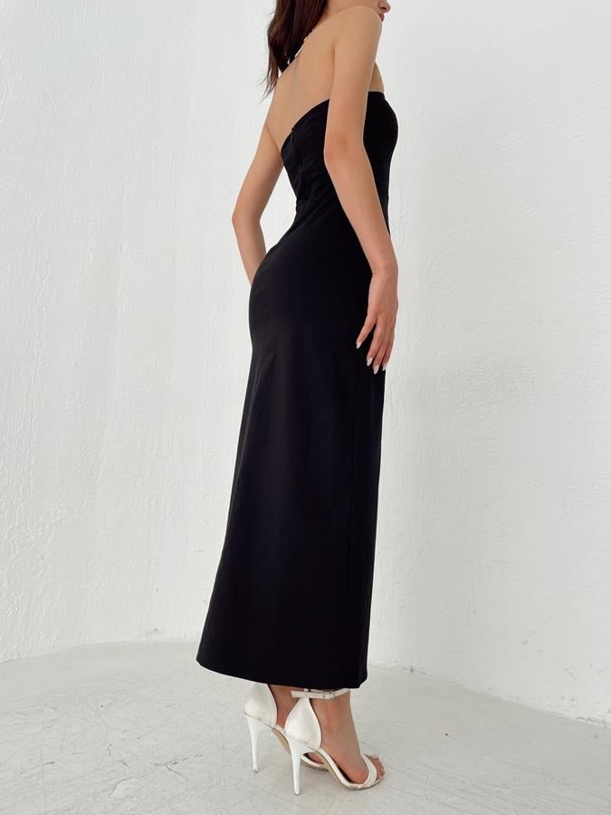 Yırtmaçlı Straplez Elbise SİYAH