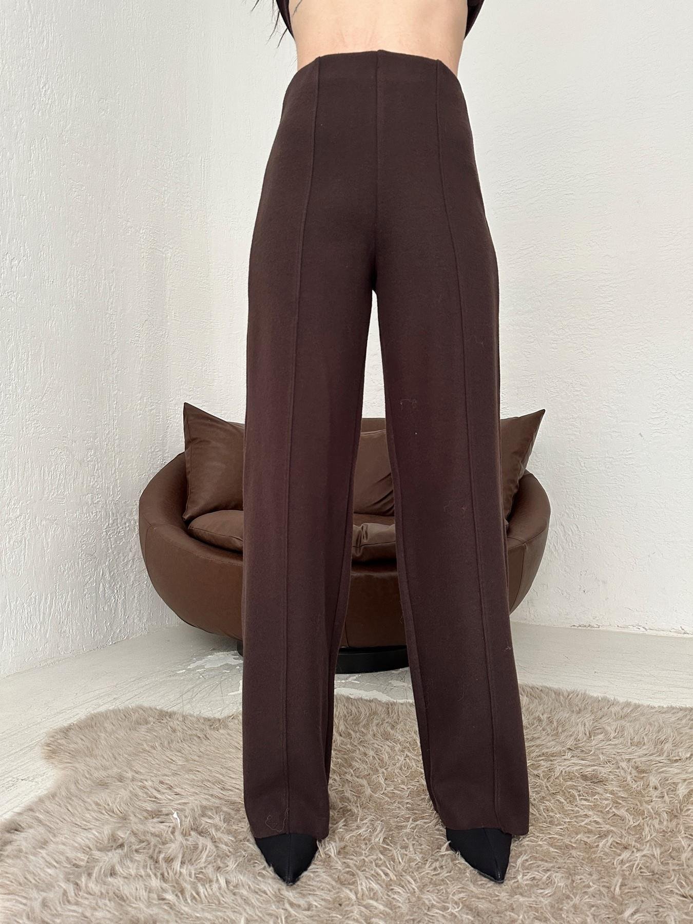 Yüksek Bel Örme Dikişli Pantolon KAHVE