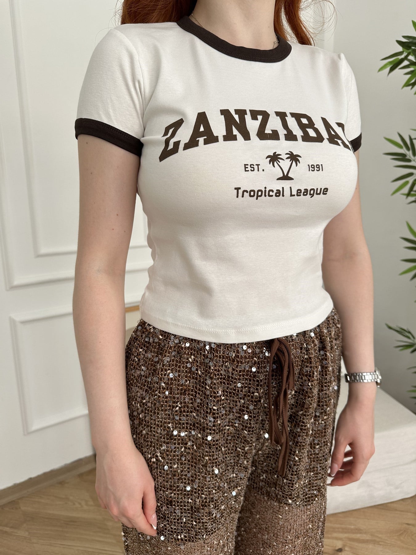 Zanzıbar Baskılı Slim Fit T-shirt Ekru