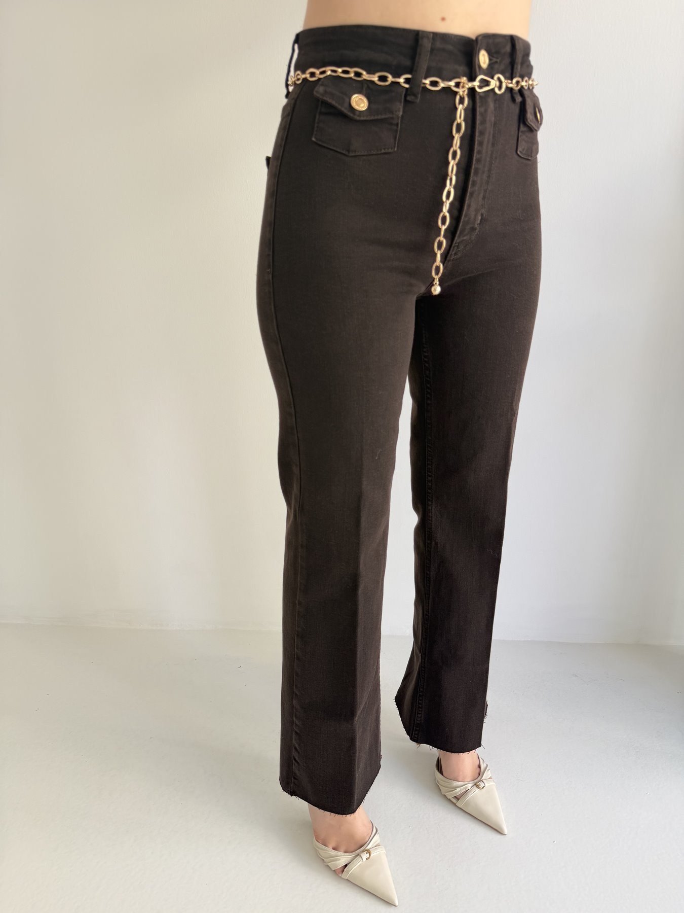 Zincir Kemerli Mini Cep Jean Pantolon Kahve