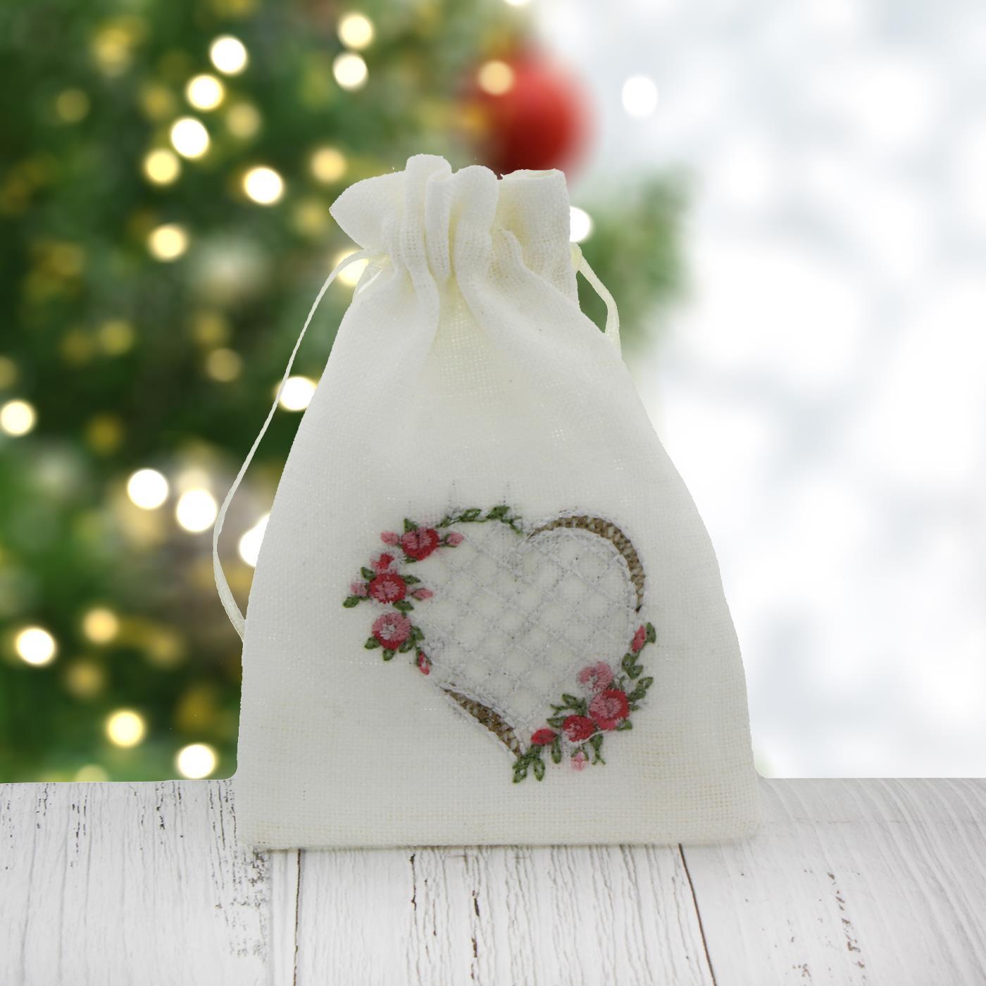 10 Adet 9x12cm Kalp İşlemeli İğne Oyası Keten Kese