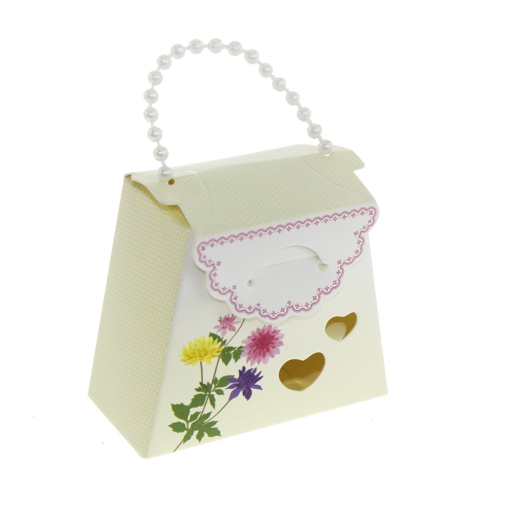 25 Adet 7x6cm İnci Saplı Çiçekli Karton Kutu Çanta Demonte