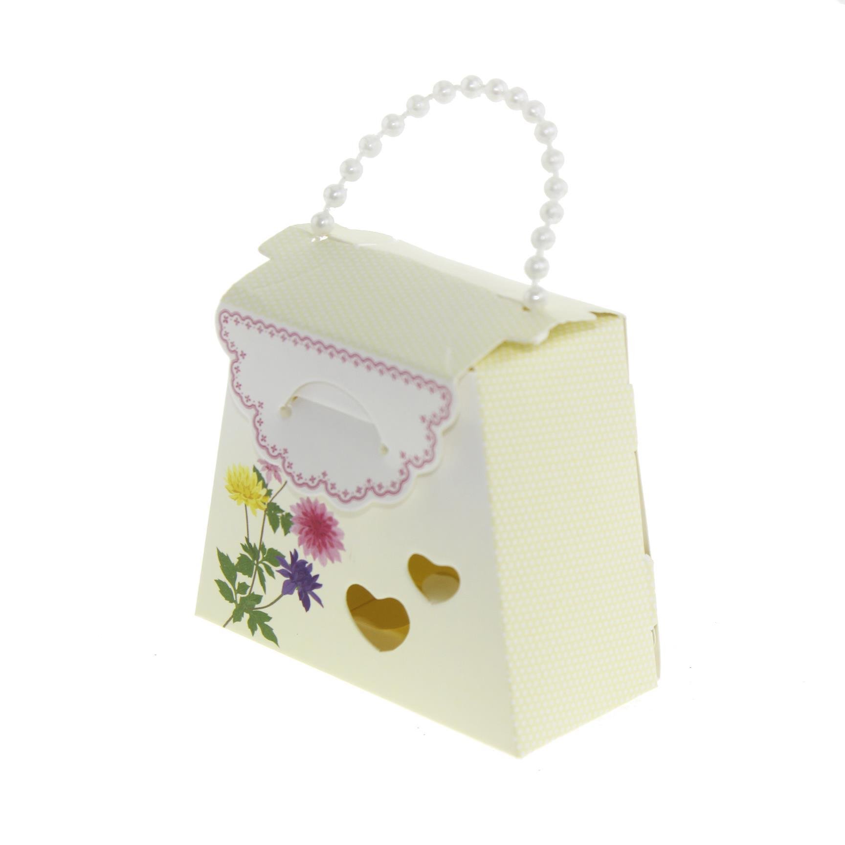 25 Adet 7x6cm İnci Saplı Çiçekli Karton Kutu Çanta Demonte