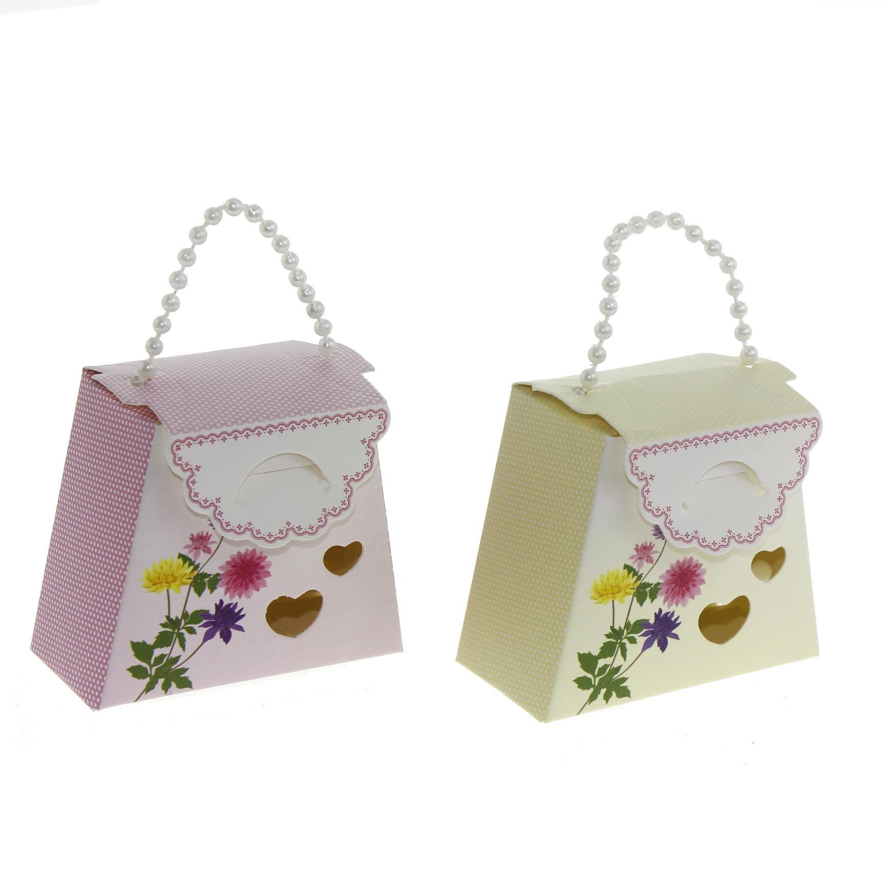 25 Adet 7x6cm İnci Saplı Çiçekli Karton Kutu Çanta Demonte