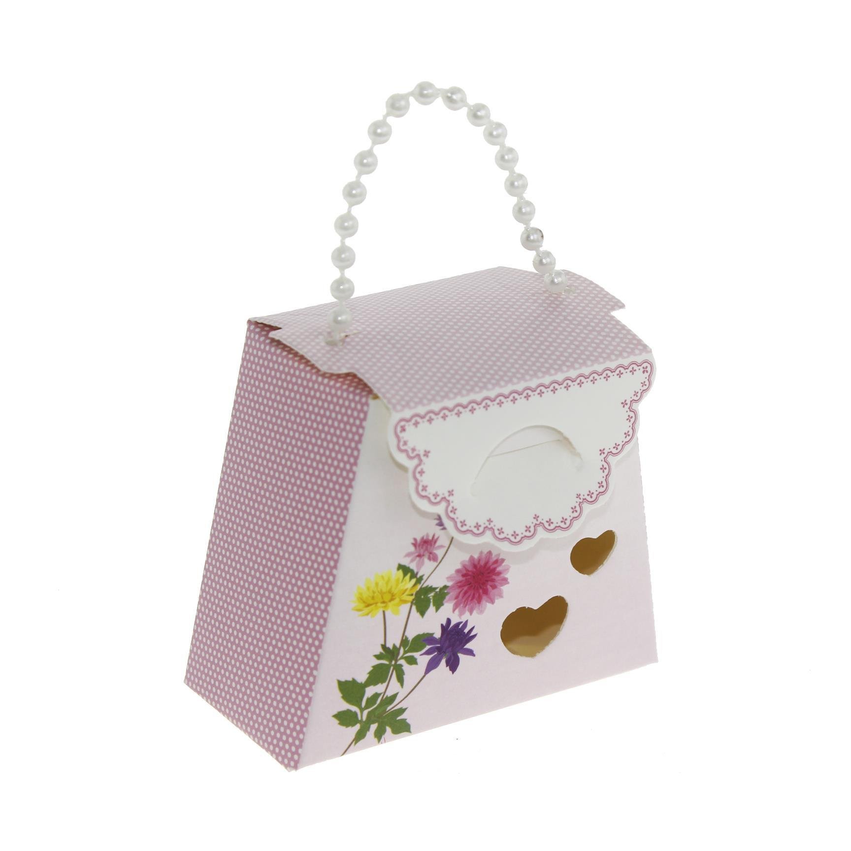 25 Adet 7x6cm İnci Saplı Çiçekli Karton Kutu Çanta Demonte