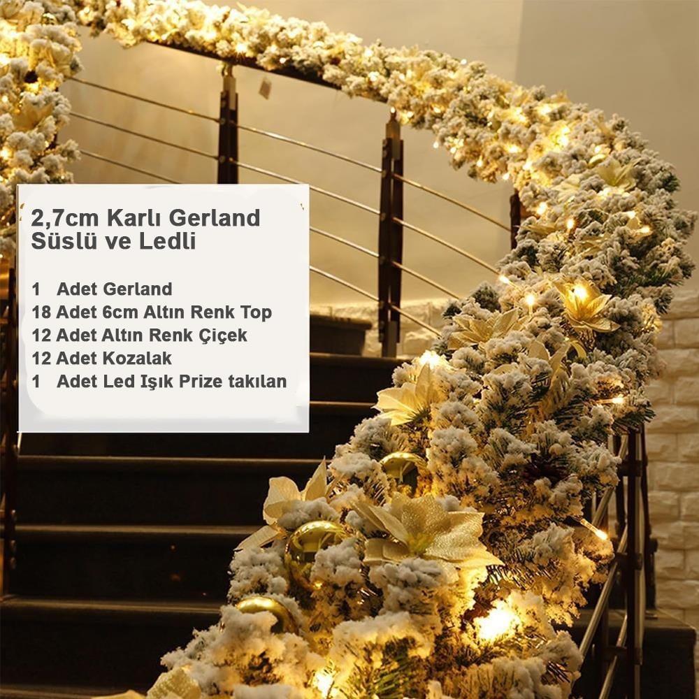 270cm Demonte Yılbaşı Karlı Gerland Süslü ve Led Işıklı