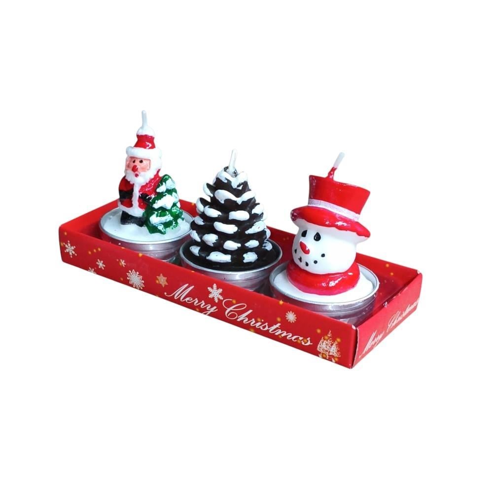 3 Adet 4cm Yılbaşı Tealight Mum Noel Baba Kozalak Kardan Adam