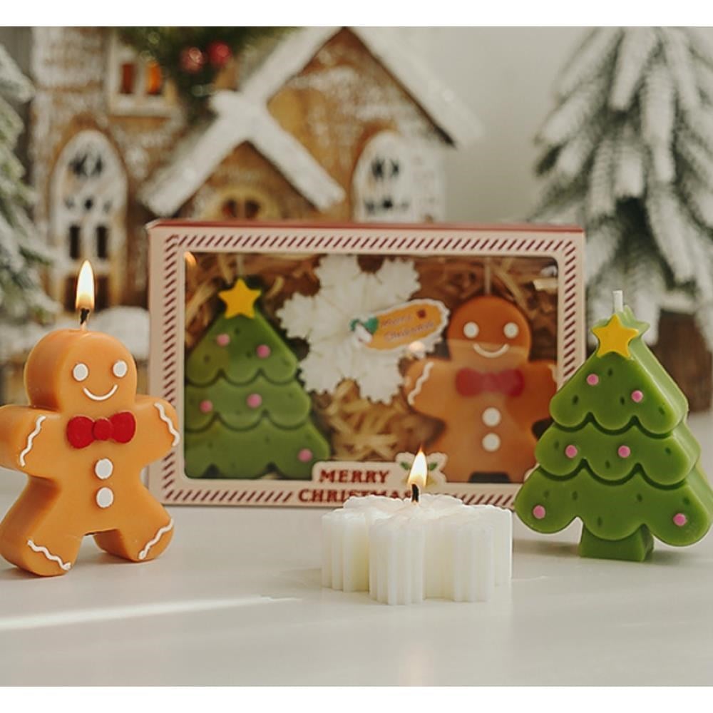 3 Adet Yılbaşı Mum Seti  Kar Tanesi Gingerbread Çam Ağacı