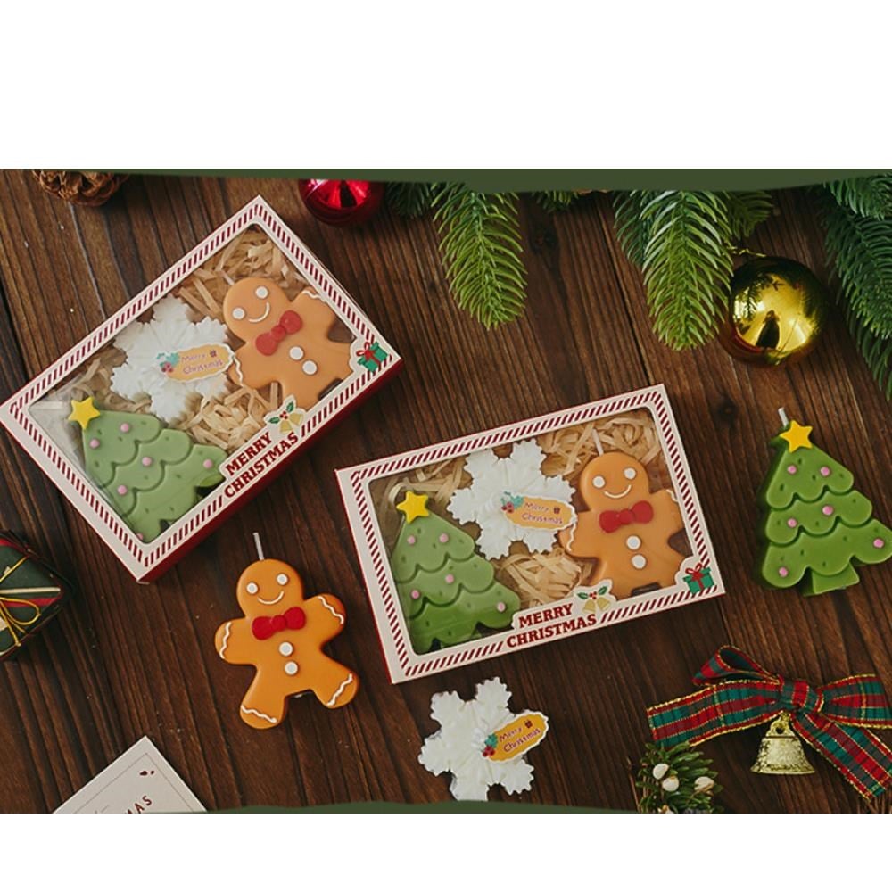 3 Adet Yılbaşı Mum Seti  Kar Tanesi Gingerbread Çam Ağacı