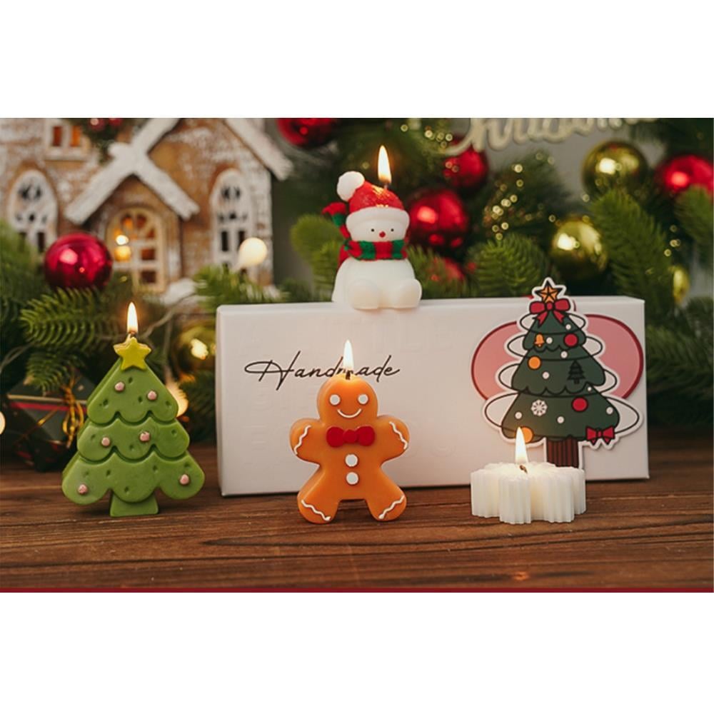 4 Adet Yılbaşı Mum Seti Kardan Adam Kar Tanesi Gingerbread Çam Ağacı